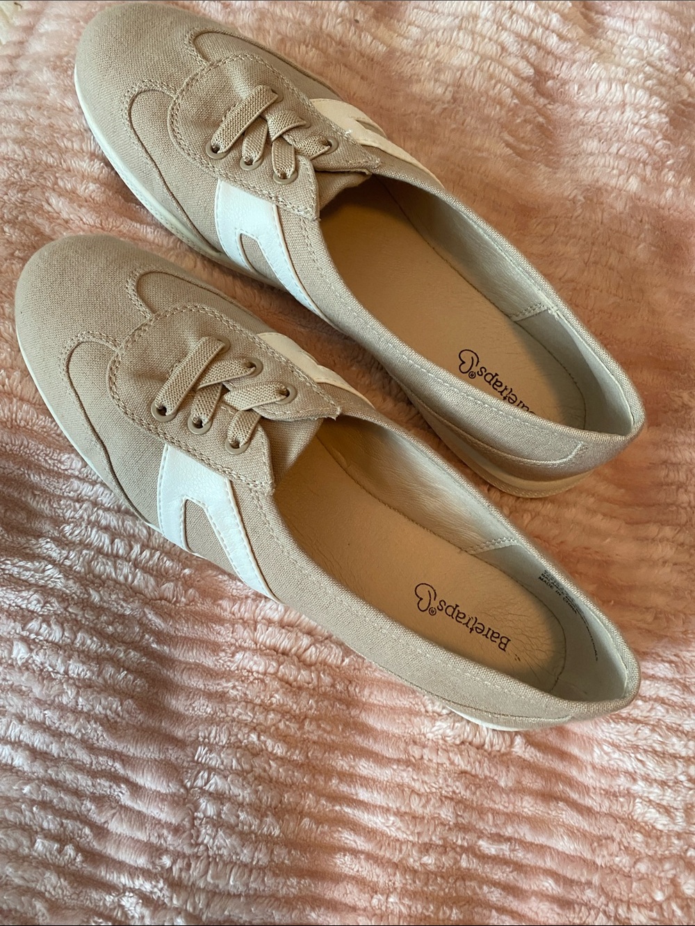 BareTraps Taupe Canvas Lace-Up Flats with White Accent